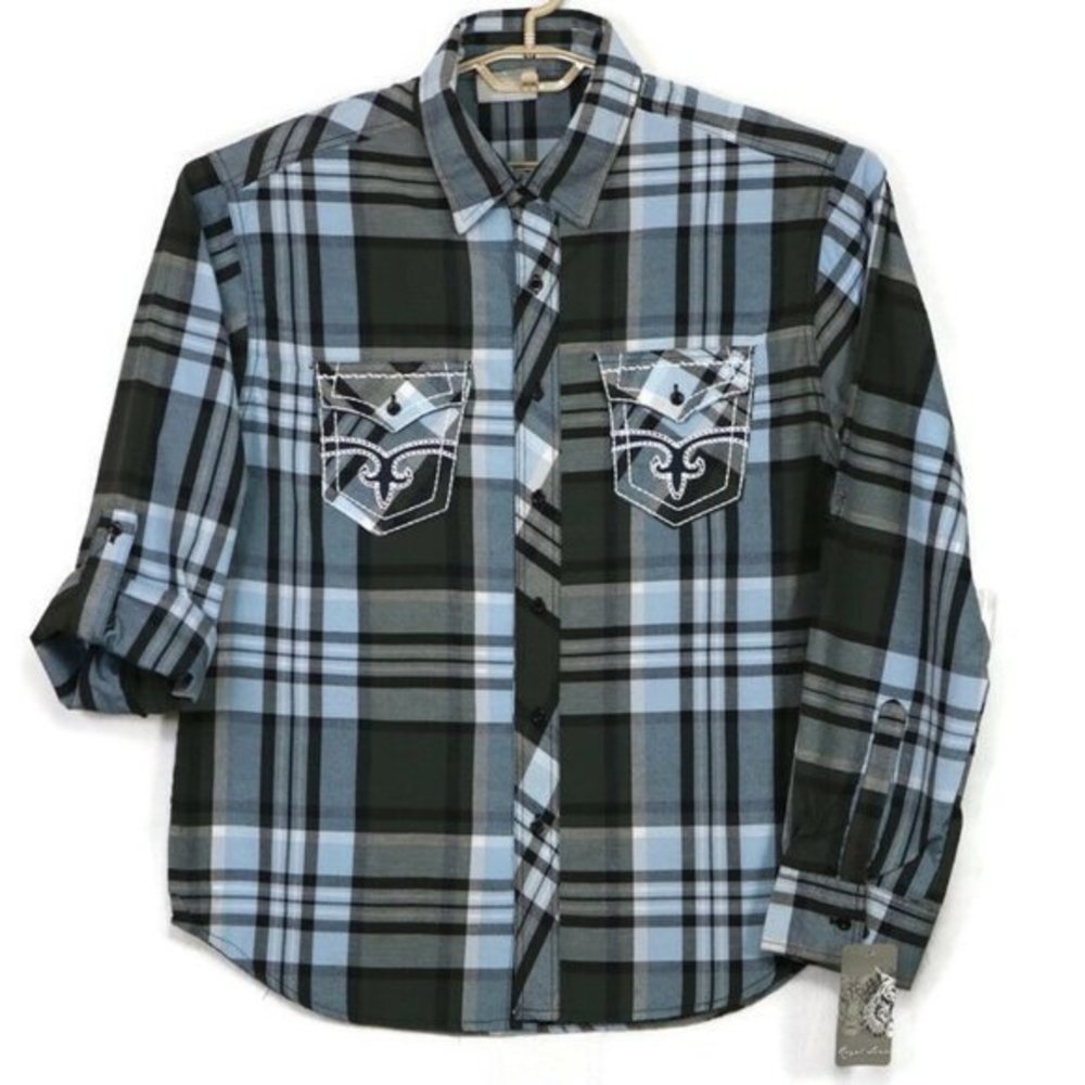 Royal Linx Western Shirt Blue Gray Plaid Long Sleeve Embroidered‎ L Large